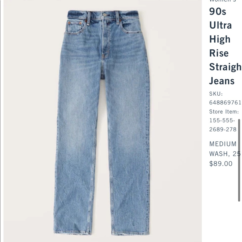 Abercrombie 90s Ultra High Rise Straight Jeans - Medium Wash - Worn Once - 25